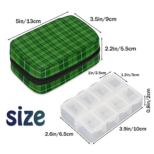 Blane Tartan Pill Box 7 Day Travel Pill Organizer for Child Adult Elder Pill Case with Zipper Green Plaid Portable Weekly Case Compact Size for Vitamin Supplement Holder