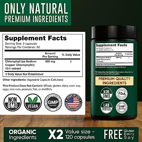 Chlorophyll Capsules 600 mg - Natural Chlorophyll Pills for Women & Men - Highly BioAvailable Organic Chlorophyll Supplement for Energy, Immunity & Skin Health - Internal Deodorant, Detox & Cleanse