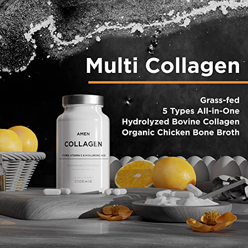 Amen Multi Collagen Peptides Capsules with Hyaluronic Acid and Vitamin C - 5 Types of Collagen Protein Type I, II, III, V, X - Grass Fed - Hydrolyzed - Amino Acids - Collagen Supplement - 90 Pills