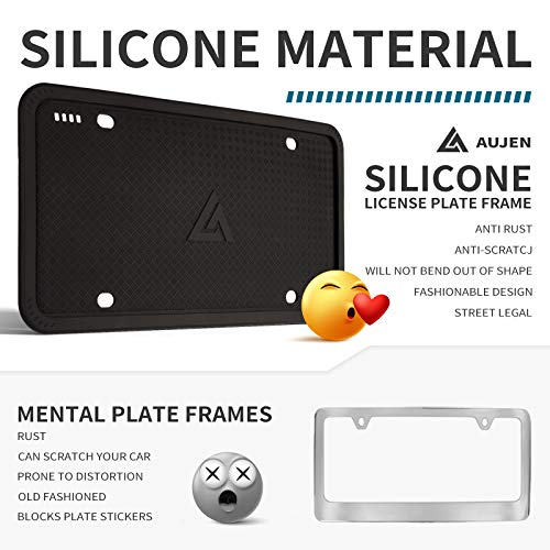 Aujen Silicone License Plate Frames Black, 2 Pack Car License Plate Covers, Universal US Car Black License Plate Holders BracketsRust-Proof, Rattle-Proof, Weather-Proof Car Accessories(Black)