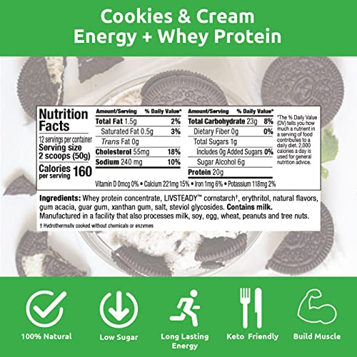 UCAN Energy + Whey Protein Powder - 19g Per Serving with Amino Acids EAAs & BCCAs - Keto, No Added Sugar, Gluten-Free - Cookies & Cream - 12 Servings