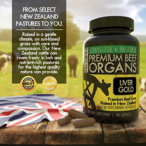 Paleo Pro Liver Gold Premium Beef Organs Capsules, Premium Beef Liver from Grass Fed & Pastured Cows in New Zealand, Dietary Supplement, No Added Hormones or Antibiotics, 180 Capsules