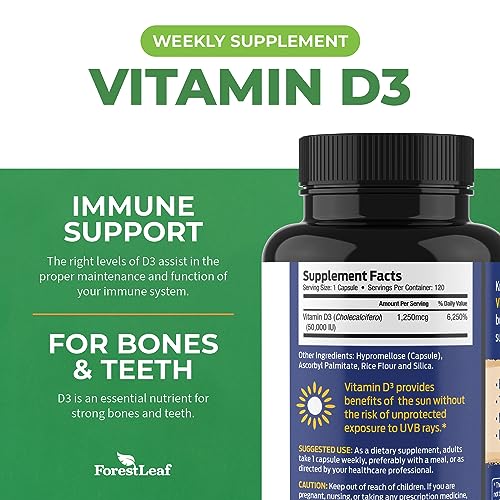 ForestLeaf - Vitamin D3 50,000 IU Weekly Supplement - 120 Vegetable Vitamin D Capsules for Bones, Teeth, and Immune Support (2 Pack) - Easy Swallow Pure Vitamin D3 Caps - Non GMO Pills