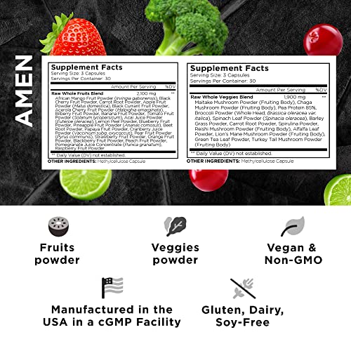 Amen Fruits + Veggies Vitamins Bundle, Raw Whole Food Multivitamin Capsules, Greens Vegetables, Red Fruits & Berries Vegan Blend, Fibers + Phytonutrients Superfood Minerals Supplement, Non-GMO, 180 ct