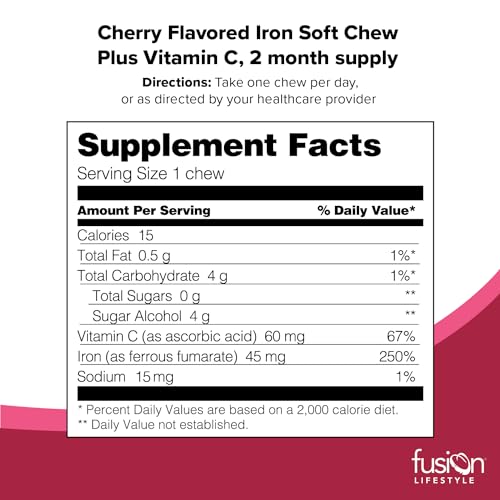 Fusion Lifestyle Chewable Iron Supplement for Women & Men - Cherry Flavor, Iron Vitamin C Soft Chew for Max Absorption, Iron as Ferrous Fumarate, Ideal for Anemia and Iron Deficiency, 2 Month Supply