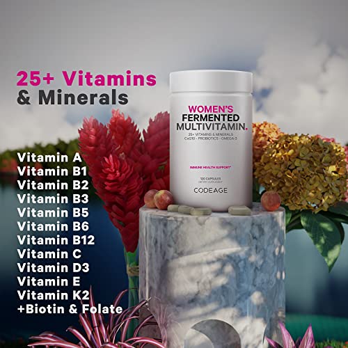 Codeage Women’s Daily Multivitamin, 25+ Vitamins & Minerals, Fermented, Organic Whole Foods, Probiotics Supplement - Vitamin A, Vitamin B, Vitamins C, D, E & K, Omega 3, Zinc – Vegan - 120 Capsules