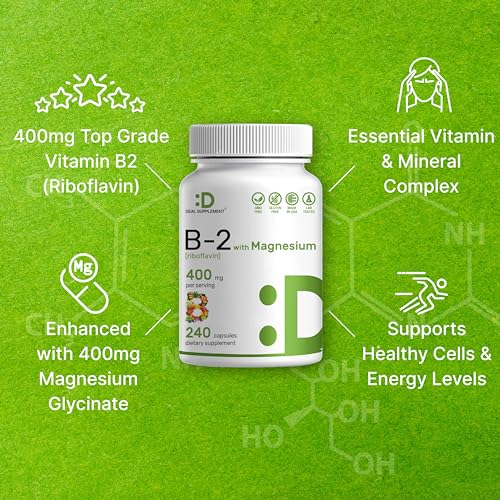 Vitamin B2 400mg (Riboflavin) | with Magnesium Glycinate 400mg, 240 Capsules – 2 in 1 Support Healthy Nervous System, Mood, Blood & Energy Production, Non-GMO