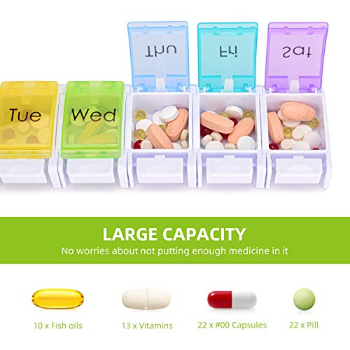 LEMBOL Detachable Pill Organizer,Weekly Pill Box 1 Time a Day,Large Daily Pill Case for Pills/Vitamin/Fish Oil/Supplements(Rainbow)