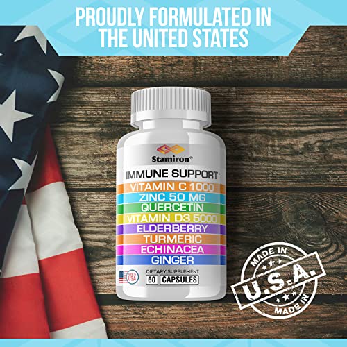 8 in 1 Immune Support with Quercetin Zinc 50mg Vitamin C 1000mg Vitamin D3 5000 IU and Elderberry Echinacea Ginger for Adults Kids - VIT D Immunity Defense Booster Supplement Veg Capsules Made in USA