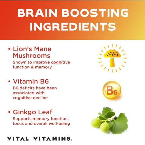 Vital Vitamins Brain Booster Plus – Lion's Mane Mushrooms - Brain Supplements for Memory & Focus – Nootropic Support – Memory & Energy Supplements for Brain – Clarity & Brain Fog Pills