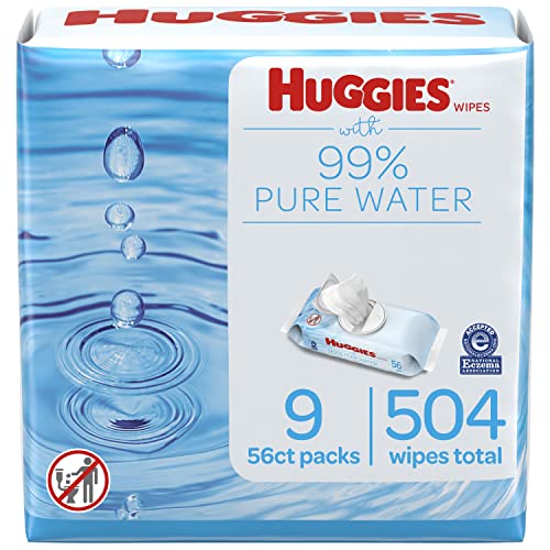 Baby Wipes, Huggies 99% Pure Water Baby Diaper Wipes, Unscented, 9 flip-top packs (504 Wipes Total)