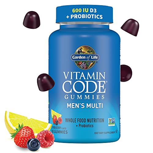 Garden of Life Men’s Multivitamin Gummy:Vitamins C,D,E,B&Zinc for Energy,Stamina & Stress,Probiotics for Digestive & Immune Health,Vitamin Code,Non-GMO,Gluten-Free,90 Lemon Berry Gummies, 30 Day Count