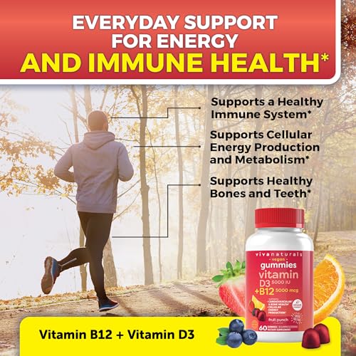 Vegan Vitamin B12 Gummies for Adults 5000mcg with Vitamin D3 5000 IU, 60 Count - Gluten-Free Vitamin D and Methyl B12 Chewable Vitamin B12 Gummy Supplement for Energy, Bone Health