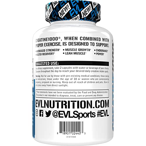 Evlution Pure Creatine Monohydrate Capsules 1000mg Nutrition Pre and Post Workout Recovery Vegan Creatine Pills for Muscle Gains and Muscle Recovery Supplement - Creatine Muscle Builder for Men