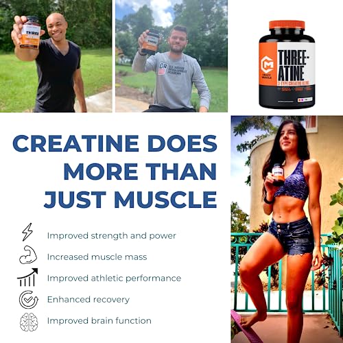 Creatine Capsules - 5g of Premium 3X ThreeAtine Pre Workout Bulk Muscle Mass Gainer - High Absorption Easy-to-Take Creatine Monohydrate Capsules Optimum Performance for Men Women - 180 Capsules