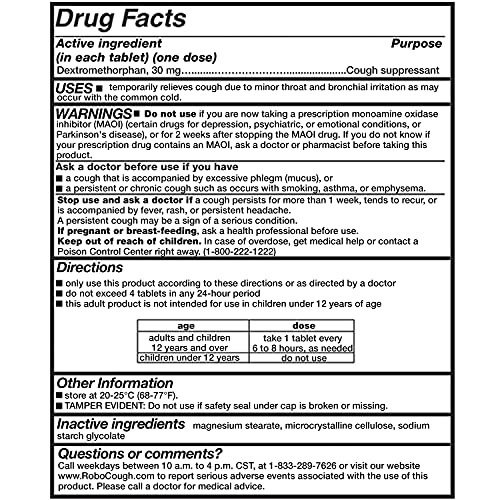 RoboTablets Cough suppressant, 100 doses, 100 Tablets, Dextromethorphan 30 mg, 5 mm Diameter Tablets