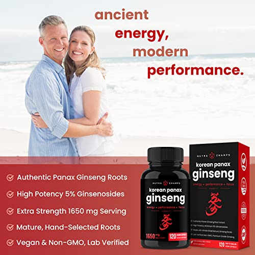 NutraChamps Korean Red Panax Ginseng Capsules | Extra Strength Ginsenosides for Energy, Focus, Performance, Vitality & Immune Support | Korean Red Ginseng Root Extract Powder Supplement | Vegan Pills