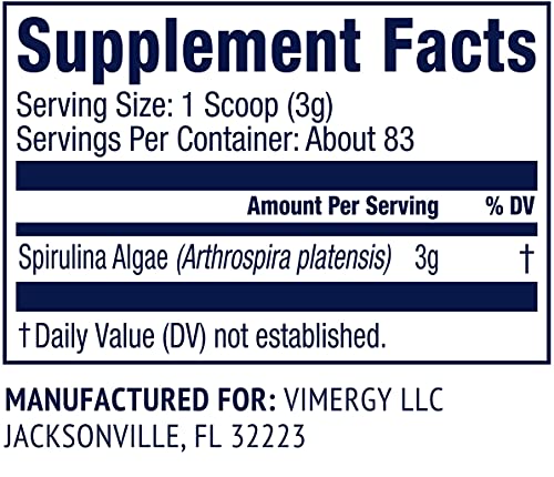 Vimergy Natural Spirulina Powder, 83 Servings – Super Greens Powder – Nutrient Dense Blue-Green Algae Superfood for Smoothies & Juices – Immune Support - Non-GMO, Gluten-Free, Vegan & Paleo (250g)