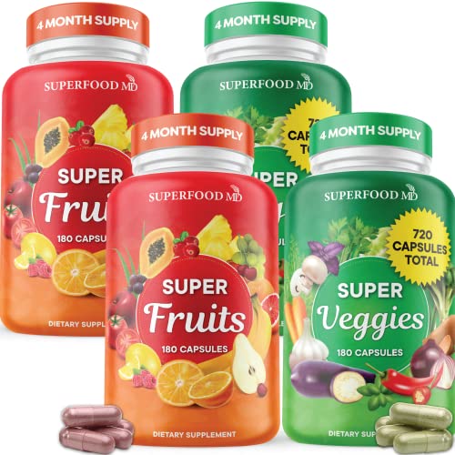 Superfood Fruit and Veggie Supplement - Fruit and Veggie Capsules 100% Whole Super Fruit and Super Vegetable Supplements & Vitamins, with Beta Carotene (720 Count (Pack of 4))