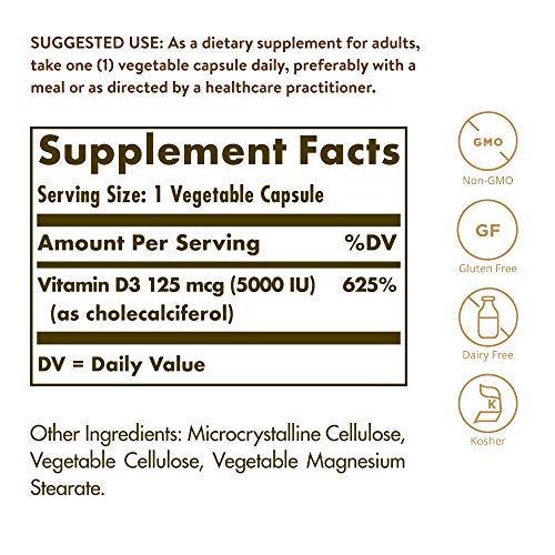 Solgar Vitamin D3 (Cholecalciferol) 125 mcg (5000 IU), 240 Vegetable Capsules - Helps Maintain Healthy Bones & Teeth - Immune System Support - Non-GMO, Gluten Free, Dairy Free, Kosher - 240 Servings