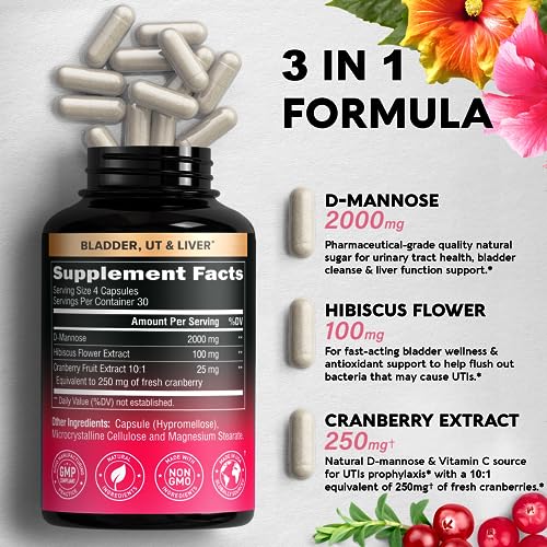 D-Mannose Capsules with Cranberry & Hibiscus Flower - 2000mg, 3-in-1 Urinary Tract Health Supplement - Made in USA - for Women & Men - Bladder, Liver, Digestive Support - Vegan, Natural, 120 Pills