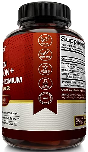 NutriFlair Ceylon Cinnamon, Berberine HCL, Chromium, Black Pepper Extract (Made with True Ceylon Cinnamon) - 1200mg per Serving, 120 Capsules - Best Glucose Metabolism and Antioxidant Combo Pills