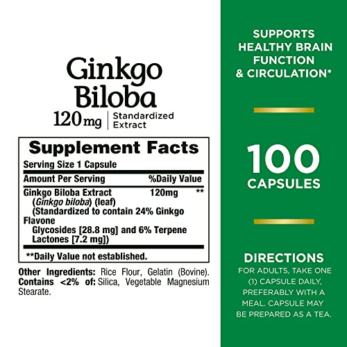 Nature's Bounty Ginkgo Biloba Capsules 120mg, Memory Support Supplement, Supports Brain Function and Mental Alertness, 100 Capsules