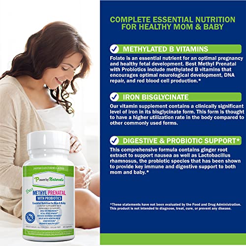 Power By Naturals Methyl Prenatal Vitamins with Probiotics, Methylfolate, B12, Iron & Ginger - 27+ Nutrients for a Healthy Pregnancy - 60 Capsules