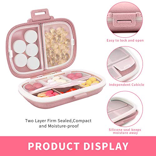 Travel Pill Organizer, Portable 8 Compartments Small Pill Case Daily Pill Box to Hold Vitamins, Cod Liver Oil, Medicine for Pocket Purse (Pink)