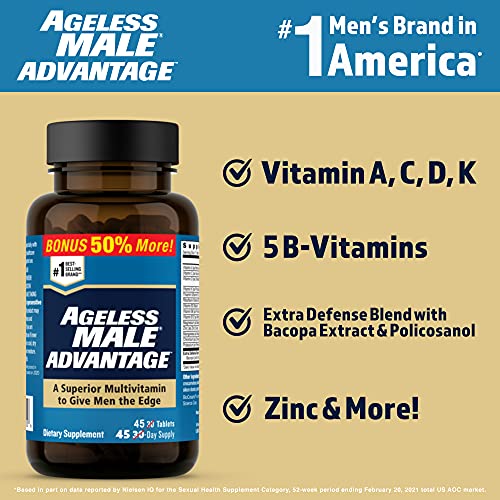 Ageless Male Advantage Premium Once a Day Multivitamin for Men 50 Plus, Plus Brain and Cholesterol Care, Vitamins A C D K B1 B2 B3 B6 B12 Zinc & Extra Defense Blend - 45 Tablets