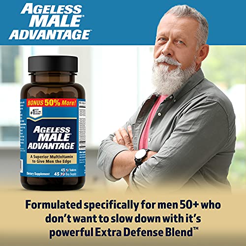 Ageless Male Advantage Premium Once a Day Multivitamin for Men 50 Plus, Plus Brain and Cholesterol Care, Vitamins A C D K B1 B2 B3 B6 B12 Zinc & Extra Defense Blend - 45 Tablets