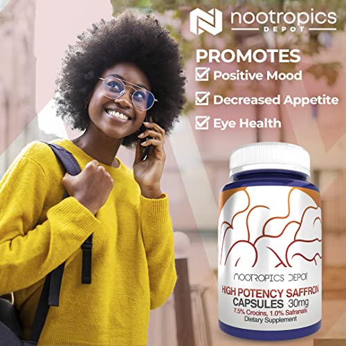 Nootropics Depot High Potency Saffron Extract Capsules | 30mg | Minimum 7.5% Crocins and 1% Safranals | Crocus sativus | 60 ct