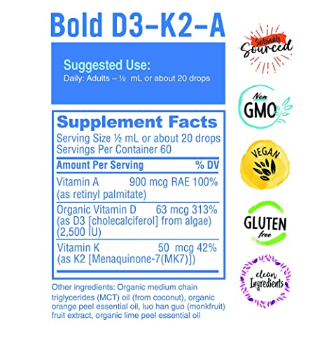 Bold Botanica D3-K2-A - 3-in-1 Complex Liquid Vitamin - Vegan Vitamin D3 with Vitamin K2 and Vitamin A Dietary Supplement - 1 FL OZ. (30mL) (1)