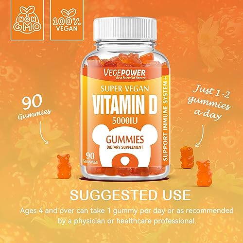 VEGEPOWER Vegan Vitamin D3 Gummies 5000 IU (125mcg) - 90 Count | for Immune Support, Bone Health, Energy Levels Boost, Non-GMO, Gluten Free, Vitamin D Supplement for Adults & Kids (Strawberry)