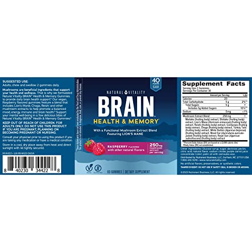 Natural Vitality Brain Health & Memory Gummies; Provides Daily Brain Health Support; Functional Mushroom Extract Blend; Vegan, Gluten Free; Delicious, Raspberry Flavored; 60 Gummies*