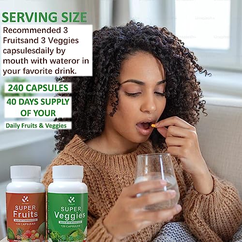 Lite Supply Fruits and Veggies Supplement 240 Caps - 120 Fruit and 120 Veggie Capsules - Whole Food & Natural Superfood Filled with Vitamins & Minerals for Women, Men & Kids Supports Energy Levels