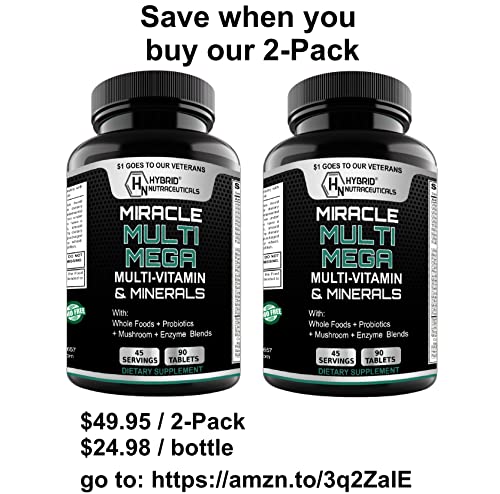 MiracleMulti MEGA Multivitamin for Men and Women - Multi Vitamin and Multi Minerals with Probiotics, Enzymes, Mushroom Complex, Anti-Oxidants, Organic Superfood Blend, Non-GMO - 90 Tablets