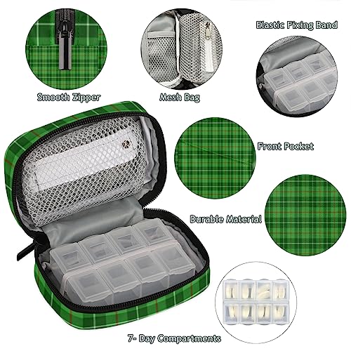 Blane Tartan Pill Box 7 Day Travel Pill Organizer for Child Adult Elder Pill Case with Zipper Green Plaid Portable Weekly Case Compact Size for Vitamin Supplement Holder