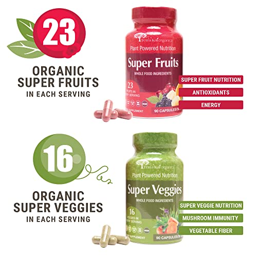 TERRA KAI ORGANICS Organic Super Fruit & Veggies Supplement Gluten/Gelatin Free, Non GMO, Soy Free & Vegan | Reds & Greens Superfood Capsules | 23 Fruits & 16 Vegetables (180 Count) (Fruit & Veggies)