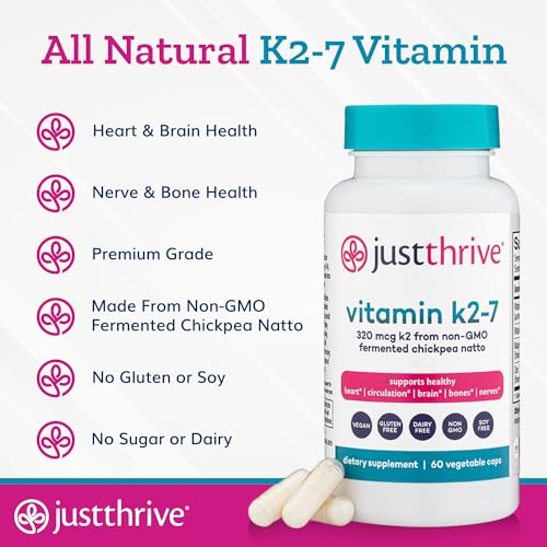 Just Thrive Vitamin K2-7 - Bone, Brain, and Heart Health K2 Vitamin Supplement, 60 Capsules