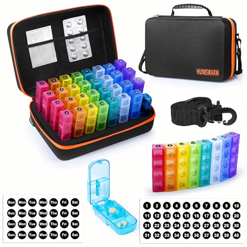 Monthly Pill Organizer 4 Times a Day with 1Pill Cutter&1 Strap&32 Day Sticker&4 Week Sticker&31 Daily Compartments,Pill Organizer Monthly 4 Times a Day Larger Design,Comfortable Handle,BPA-Free.