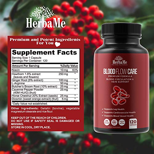 HerbaMe Blood Circulation Supplement, 120 Capsules, Supports Leg Vein, Heart, Vessels and Cardiovascular Health with Niacin, L-Arginine, Ginger, Cayenne Pepper, Hawthorn, Diosmin, Blood Flow Pills