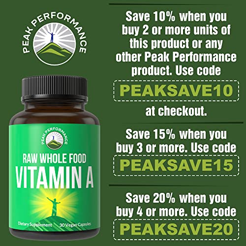 Peak Performance Raw Whole Food Vitamin A Capsules Supplement High Potency Vitamins with Carrot Juice. Great for Immune, Skin, Eye Support. Vegan Pills, Tablets