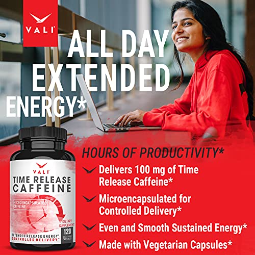 VALI Time Release Caffeine 100mg Pills - Smart Slow Release for Extended Energy & Focus. Advanced Nootropic Supplement. Brain Booster for Active Performance, Alertness & Clarity. 120 Veggie Capsules