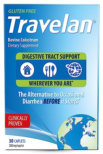 Travelan Anti Diarrhea Travel Medicine for Gas Relief, Bloating, Cramping and Digestive Support, Natural Colostrum Dietary and Immune Support Supplement, 10-Day Blister Pack, 30 Pills