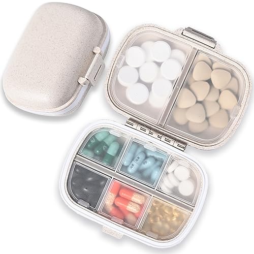 TULLWCY Daily Pill Organizer, 8 Compartments Portable Pill Case, Pill Box to Hold Vitamins, Cod Liver Oil, Khaki