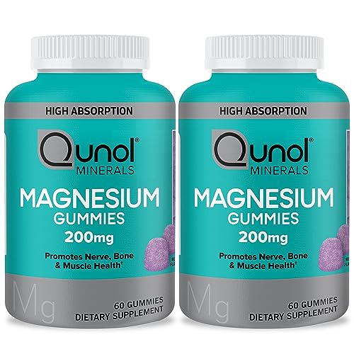 Qunol Magnesium Gummies for Adults, Qunol 200mg Magnesium Citrate Gummies, High Absorption Magnesium Supplement, Supports Nerve Health, Bone Health, Muscle Health, Vegetarian, 60 Count, Pack of 2