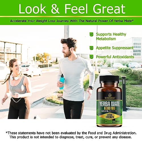 6000mg Extra Strength Yerba Mate High Potency, 60mg Caffeine Per Capsule, Extract Pills Supplements for Clean Energy, Focus, Nootropic, Made in USA - 120 Caps