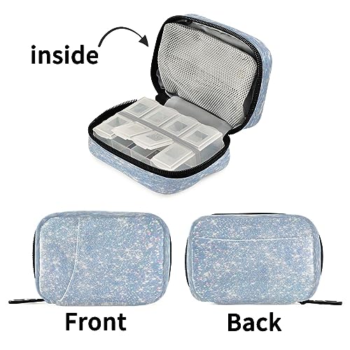 Flradish Blue Glitter Sequins Weekly Pill Organizer Portable Removable 7-Day Travel Zippered Pill Case Purse Pill Box Organizer for Vitamins Pills Supplements