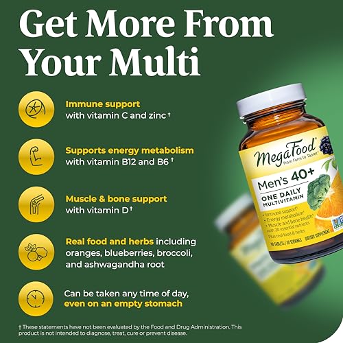 MegaFood Men's 40+ One Daily Multivitamin for Men With Vitamin B, Vitamin D3, Selenium, Zinc & Real Food - Immune Support, Energy Metabolism, and Muscle & Bone Health – Non GMO; Vegetarian - 90 Tabs